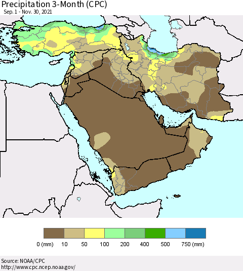 Middle East and Turkey Precipitation 3-Month (CPC) Thematic Map For 9/1/2021 - 11/30/2021