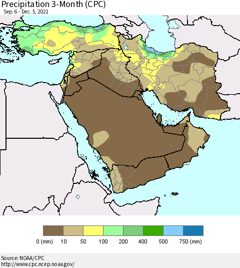 Middle East and Turkey Precipitation 3-Month (CPC) Thematic Map For 9/6/2021 - 12/5/2021