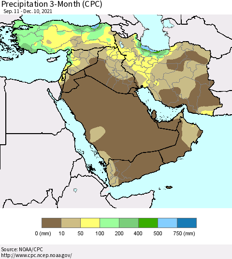 Middle East and Turkey Precipitation 3-Month (CPC) Thematic Map For 9/11/2021 - 12/10/2021