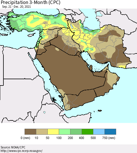 Middle East and Turkey Precipitation 3-Month (CPC) Thematic Map For 9/21/2021 - 12/20/2021