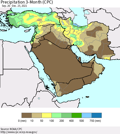 Middle East and Turkey Precipitation 3-Month (CPC) Thematic Map For 9/26/2021 - 12/25/2021