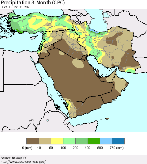 Middle East and Turkey Precipitation 3-Month (CPC) Thematic Map For 10/1/2021 - 12/31/2021
