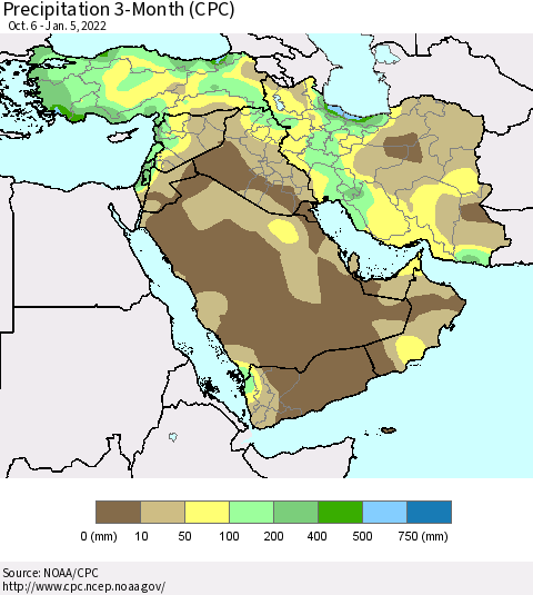 Middle East and Turkey Precipitation 3-Month (CPC) Thematic Map For 10/6/2021 - 1/5/2022