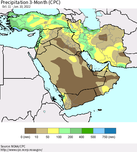 Middle East and Turkey Precipitation 3-Month (CPC) Thematic Map For 10/11/2021 - 1/10/2022