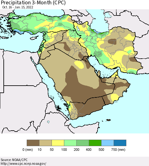 Middle East and Turkey Precipitation 3-Month (CPC) Thematic Map For 10/16/2021 - 1/15/2022