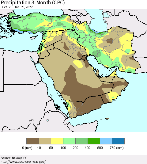 Middle East and Turkey Precipitation 3-Month (CPC) Thematic Map For 10/21/2021 - 1/20/2022