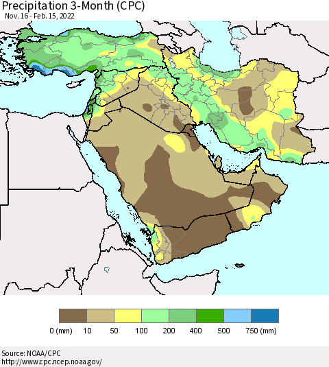 Middle East and Turkey Precipitation 3-Month (CPC) Thematic Map For 11/16/2021 - 2/15/2022