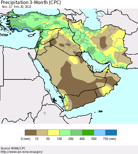 Middle East and Turkey Precipitation 3-Month (CPC) Thematic Map For 11/21/2021 - 2/20/2022