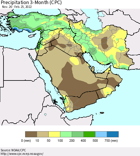 Middle East and Turkey Precipitation 3-Month (CPC) Thematic Map For 11/26/2021 - 2/25/2022