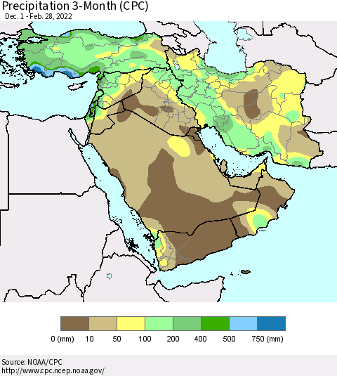 Middle East and Turkey Precipitation 3-Month (CPC) Thematic Map For 12/1/2021 - 2/28/2022