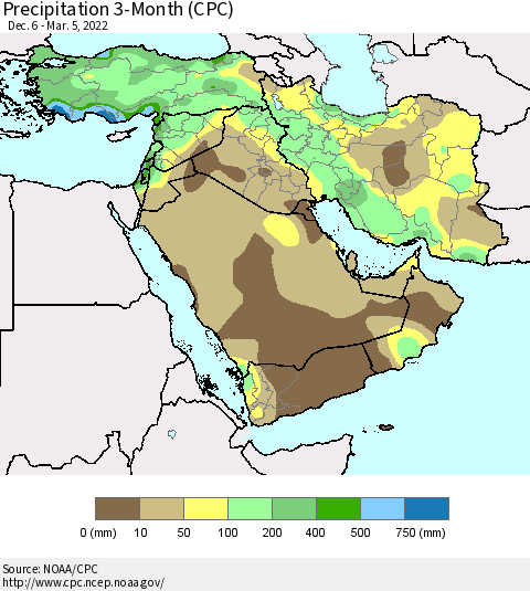 Middle East and Turkey Precipitation 3-Month (CPC) Thematic Map For 12/6/2021 - 3/5/2022