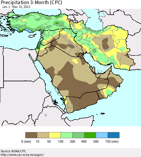 Middle East and Turkey Precipitation 3-Month (CPC) Thematic Map For 1/1/2022 - 3/31/2022