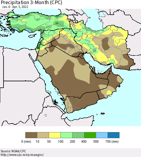Middle East and Turkey Precipitation 3-Month (CPC) Thematic Map For 1/6/2022 - 4/5/2022