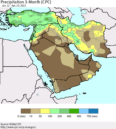 Middle East and Turkey Precipitation 3-Month (CPC) Thematic Map For 1/11/2022 - 4/10/2022