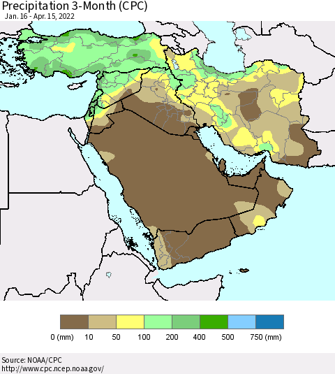 Middle East and Turkey Precipitation 3-Month (CPC) Thematic Map For 1/16/2022 - 4/15/2022