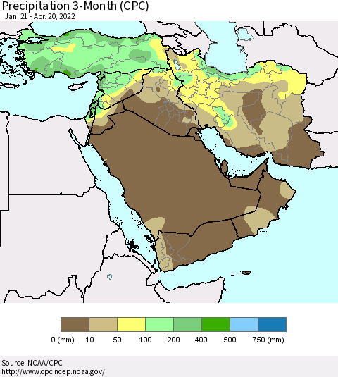 Middle East and Turkey Precipitation 3-Month (CPC) Thematic Map For 1/21/2022 - 4/20/2022