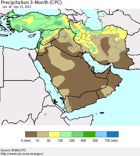 Middle East and Turkey Precipitation 3-Month (CPC) Thematic Map For 1/26/2022 - 4/25/2022