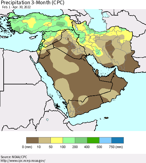 Middle East and Turkey Precipitation 3-Month (CPC) Thematic Map For 2/1/2022 - 4/30/2022