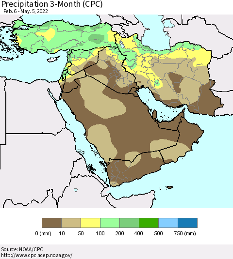 Middle East and Turkey Precipitation 3-Month (CPC) Thematic Map For 2/6/2022 - 5/5/2022