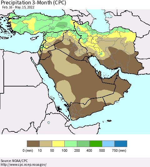 Middle East and Turkey Precipitation 3-Month (CPC) Thematic Map For 2/16/2022 - 5/15/2022