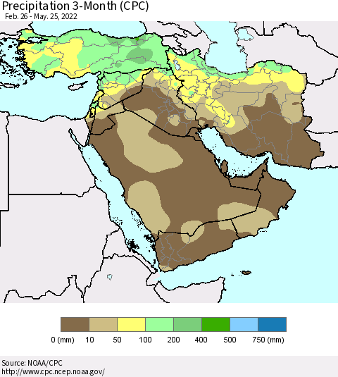 Middle East and Turkey Precipitation 3-Month (CPC) Thematic Map For 2/26/2022 - 5/25/2022