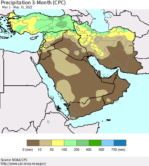 Middle East and Turkey Precipitation 3-Month (CPC) Thematic Map For 3/1/2022 - 5/31/2022