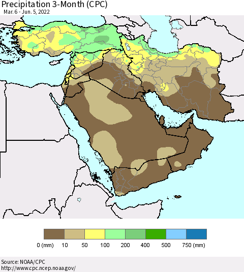 Middle East and Turkey Precipitation 3-Month (CPC) Thematic Map For 3/6/2022 - 6/5/2022