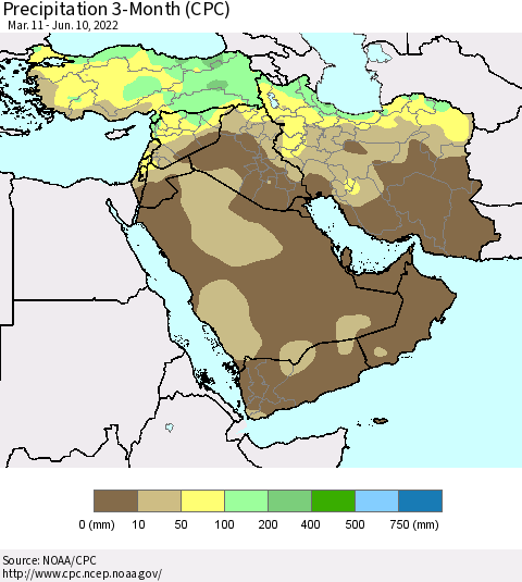 Middle East and Turkey Precipitation 3-Month (CPC) Thematic Map For 3/11/2022 - 6/10/2022