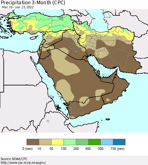 Middle East and Turkey Precipitation 3-Month (CPC) Thematic Map For 3/16/2022 - 6/15/2022