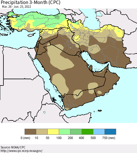 Middle East and Turkey Precipitation 3-Month (CPC) Thematic Map For 3/26/2022 - 6/25/2022