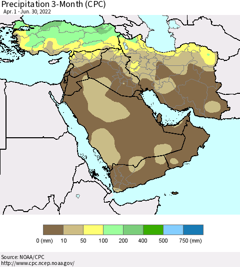 Middle East and Turkey Precipitation 3-Month (CPC) Thematic Map For 4/1/2022 - 6/30/2022