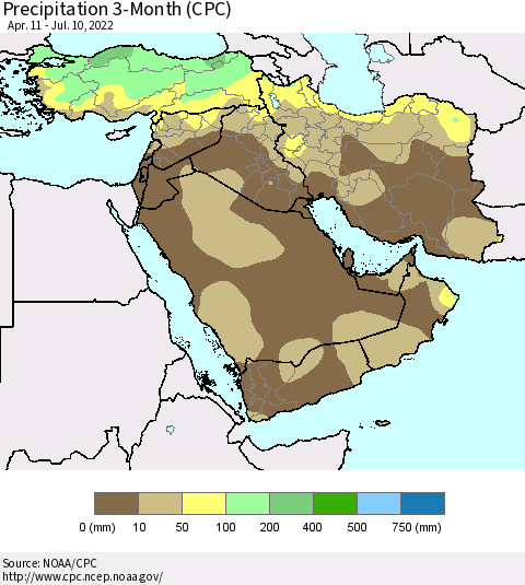 Middle East and Turkey Precipitation 3-Month (CPC) Thematic Map For 4/11/2022 - 7/10/2022