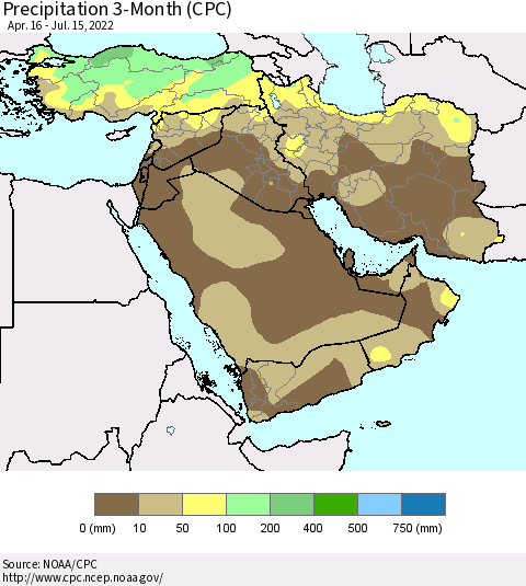 Middle East and Turkey Precipitation 3-Month (CPC) Thematic Map For 4/16/2022 - 7/15/2022