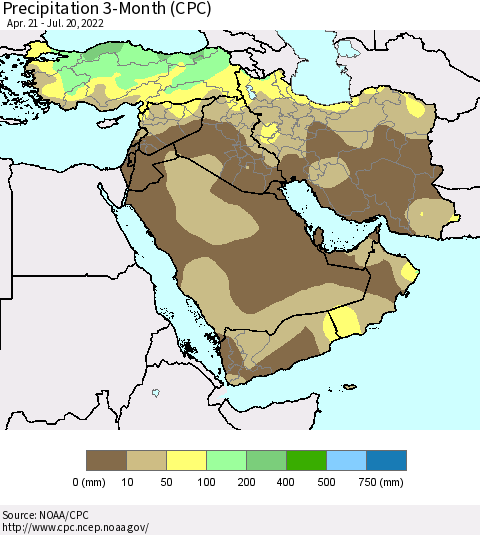 Middle East and Turkey Precipitation 3-Month (CPC) Thematic Map For 4/21/2022 - 7/20/2022