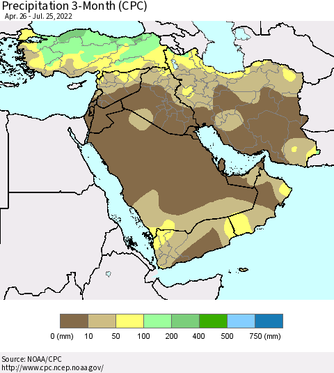 Middle East and Turkey Precipitation 3-Month (CPC) Thematic Map For 4/26/2022 - 7/25/2022