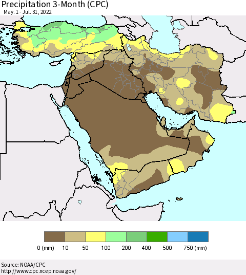 Middle East and Turkey Precipitation 3-Month (CPC) Thematic Map For 5/1/2022 - 7/31/2022