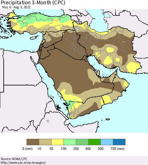 Middle East and Turkey Precipitation 3-Month (CPC) Thematic Map For 5/6/2022 - 8/5/2022
