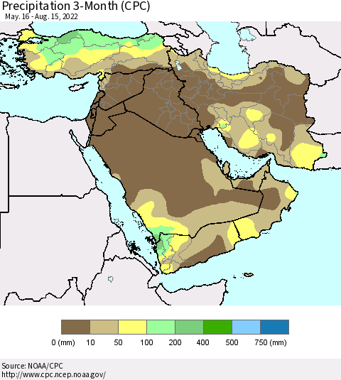 Middle East and Turkey Precipitation 3-Month (CPC) Thematic Map For 5/16/2022 - 8/15/2022