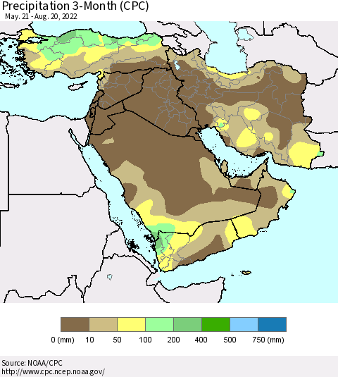 Middle East and Turkey Precipitation 3-Month (CPC) Thematic Map For 5/21/2022 - 8/20/2022