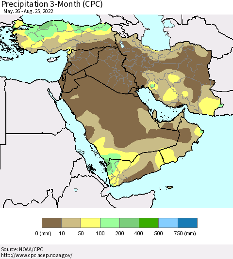 Middle East and Turkey Precipitation 3-Month (CPC) Thematic Map For 5/26/2022 - 8/25/2022
