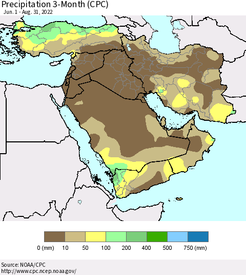 Middle East and Turkey Precipitation 3-Month (CPC) Thematic Map For 6/1/2022 - 8/31/2022