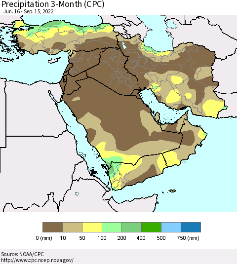 Middle East and Turkey Precipitation 3-Month (CPC) Thematic Map For 6/16/2022 - 9/15/2022