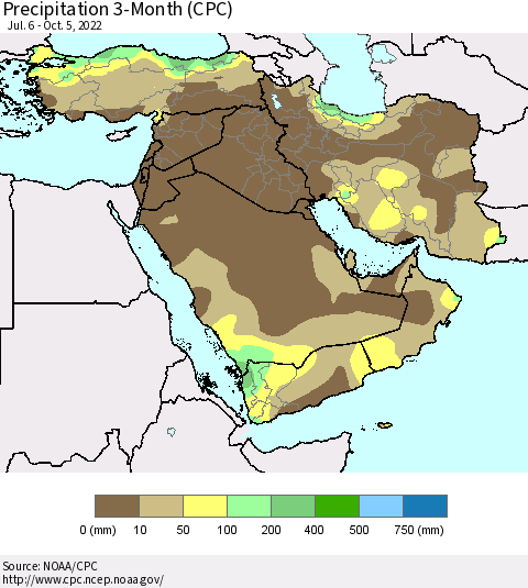 Middle East and Turkey Precipitation 3-Month (CPC) Thematic Map For 7/6/2022 - 10/5/2022