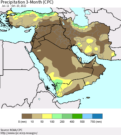 Middle East and Turkey Precipitation 3-Month (CPC) Thematic Map For 7/11/2022 - 10/10/2022