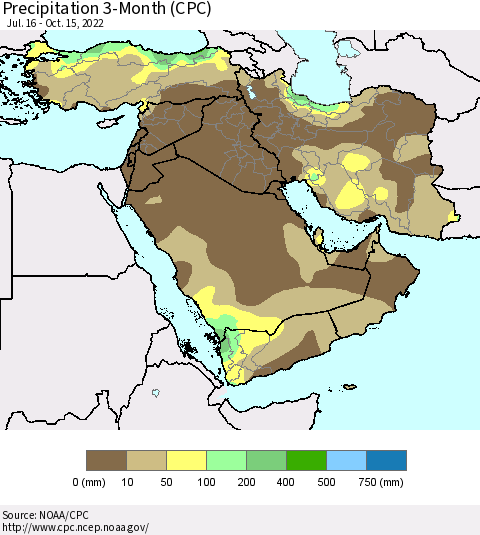 Middle East and Turkey Precipitation 3-Month (CPC) Thematic Map For 7/16/2022 - 10/15/2022