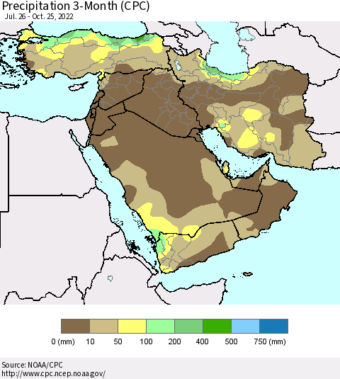 Middle East and Turkey Precipitation 3-Month (CPC) Thematic Map For 7/26/2022 - 10/25/2022