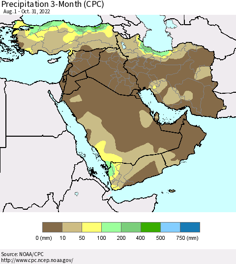 Middle East and Turkey Precipitation 3-Month (CPC) Thematic Map For 8/1/2022 - 10/31/2022