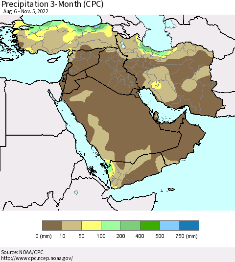 Middle East and Turkey Precipitation 3-Month (CPC) Thematic Map For 8/6/2022 - 11/5/2022