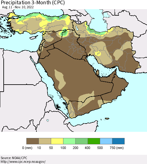Middle East and Turkey Precipitation 3-Month (CPC) Thematic Map For 8/11/2022 - 11/10/2022