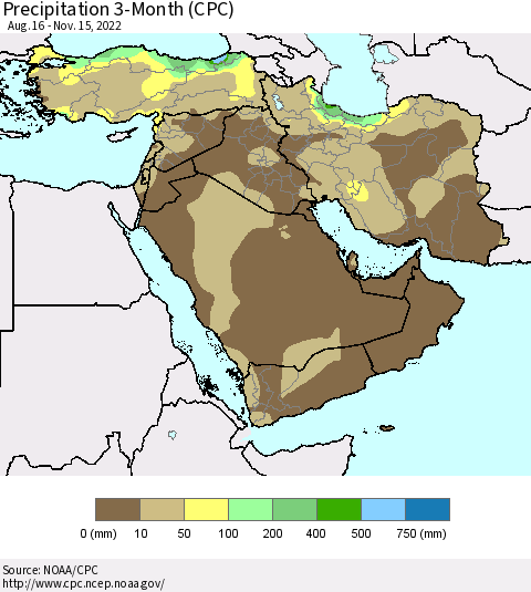 Middle East and Turkey Precipitation 3-Month (CPC) Thematic Map For 8/16/2022 - 11/15/2022